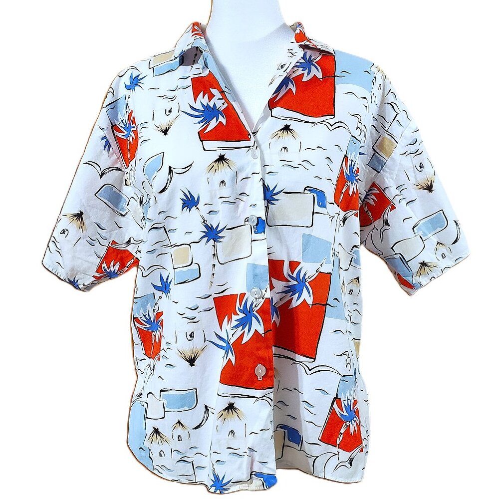 Vtg 80s Island Cargo Liberty House Women's White Hawaiian Shirt Sz M Made in USA
